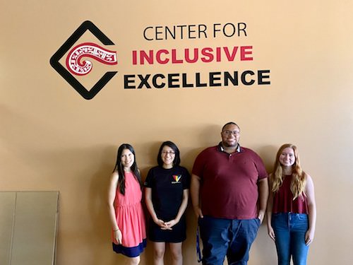 Our 2021-2022 CIE student & staff team (right to left) Diversity Peer Educators: Lauren Jacobs (she/her), Darren Wilson (he/him), Nancy Bahena (she/her), and Diversity Officer, Jessica Chang (she/her)